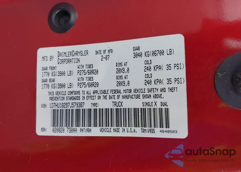 2007 Dodge Ram 1500 Slt/Trx4 Off Road/Sport from USA, damaged, VIN 1D7HU18297J579387